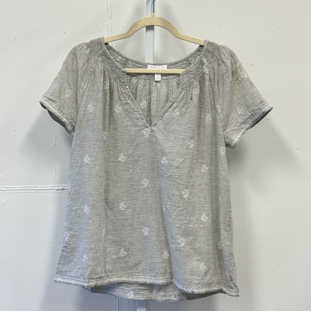 The White Company White Label Grey Embroidered Cotton Smocked V-Neck Top US 6